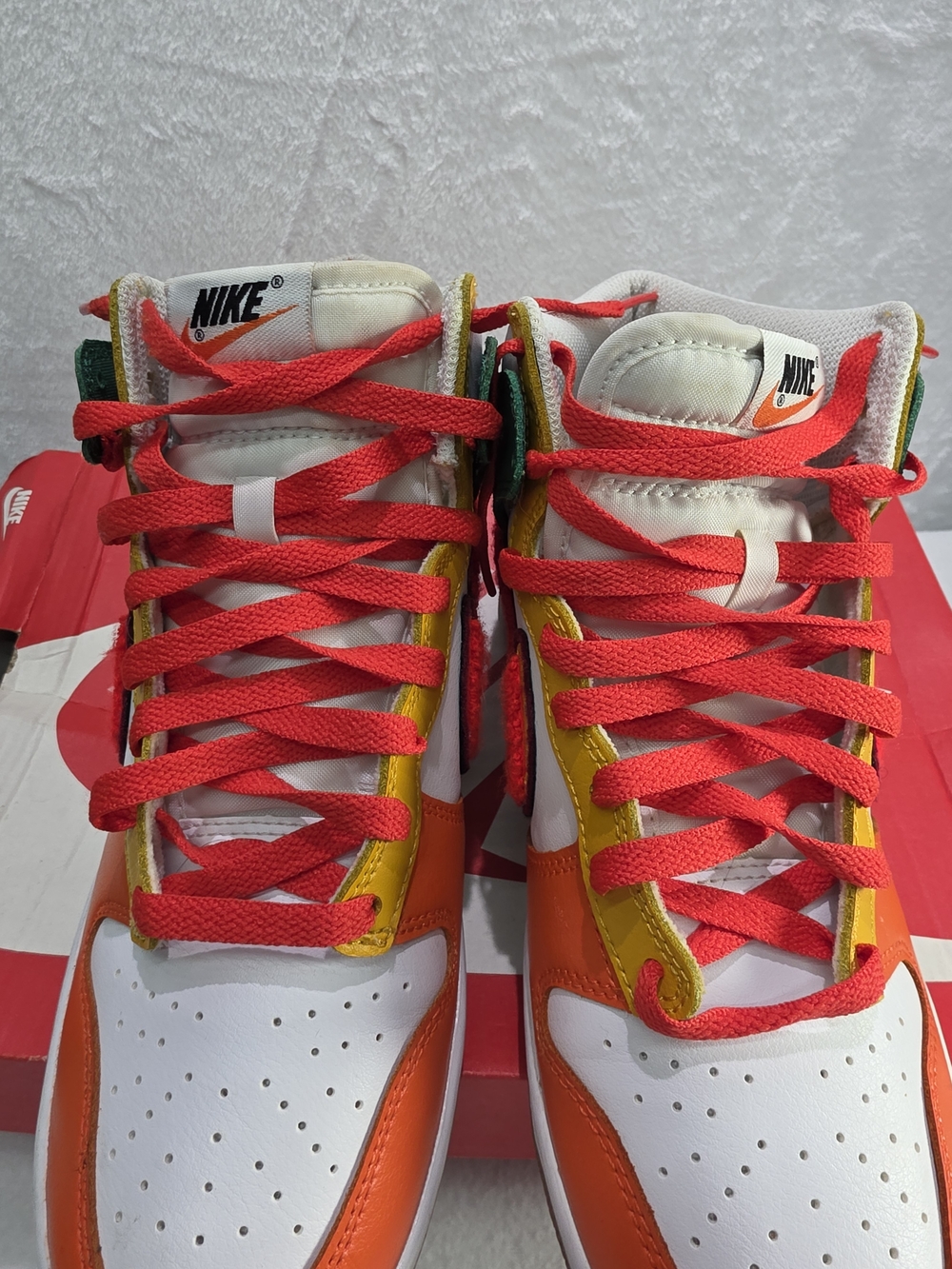 Mens Nike Dunk High Chenille Swoosh Sneakers Green Red Orange Yellow - Picture 5 of 9